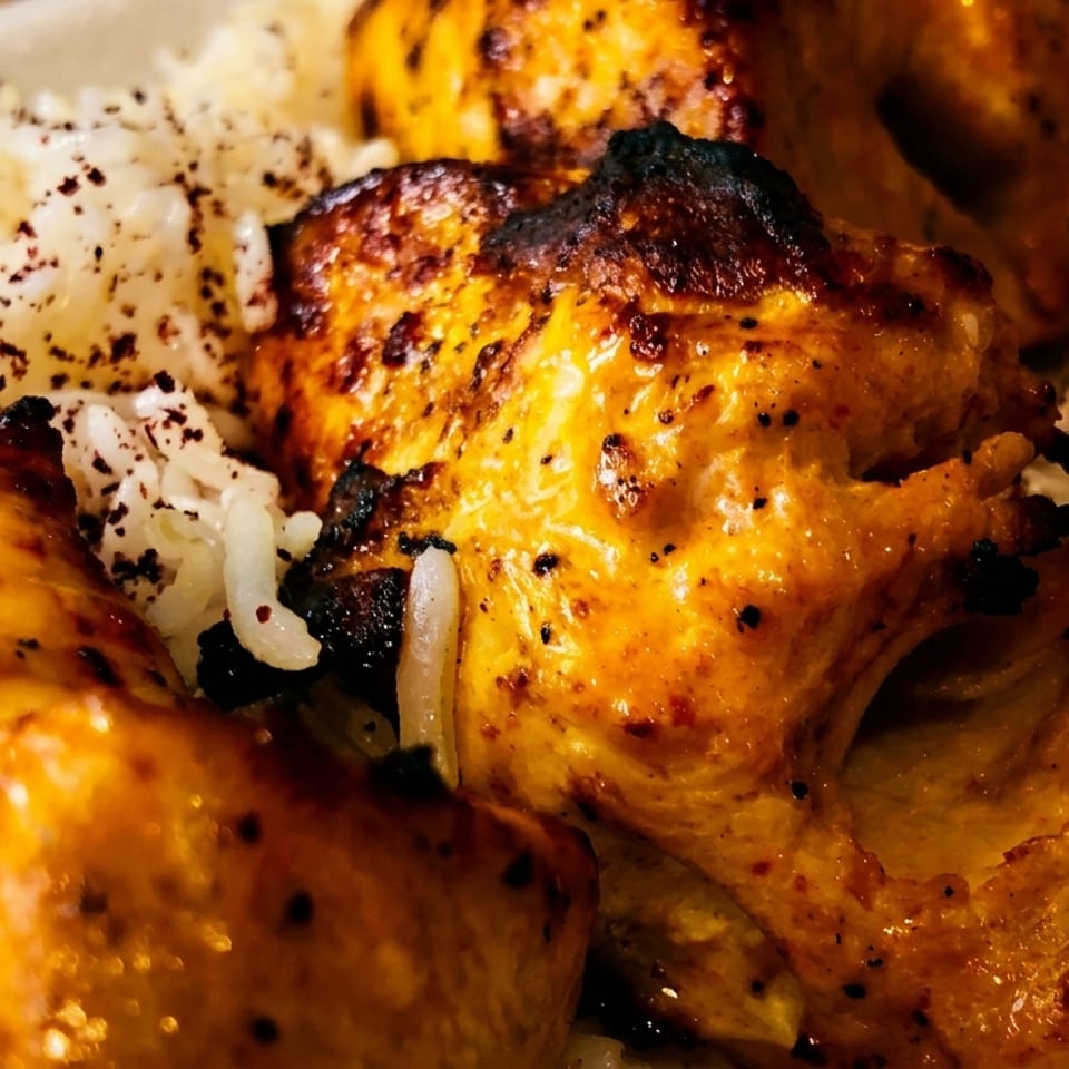 Close-up of golden-brown grilled chicken pieces with white rice, sprinkled with dark spices.