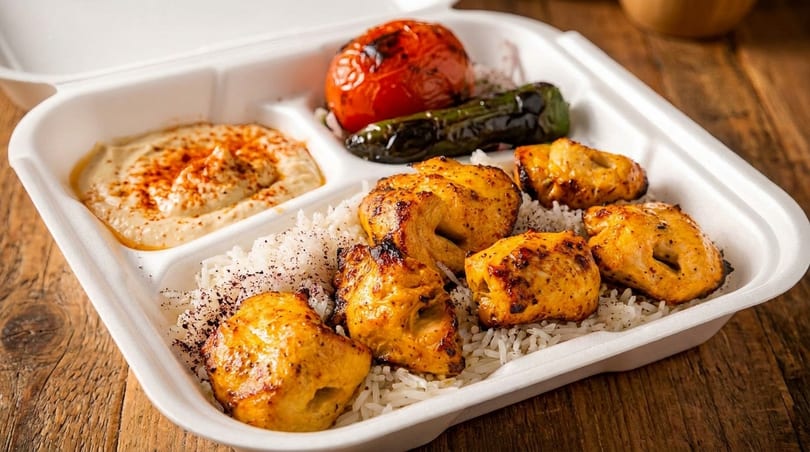 Chicken shish tawook with rice, hummus, grilled tomato, and pepper in a takeout container.