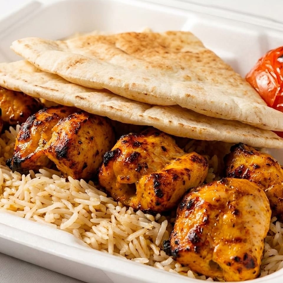 Grilled chicken pieces, rice, flatbread, and a roasted tomato in a white takeout container.