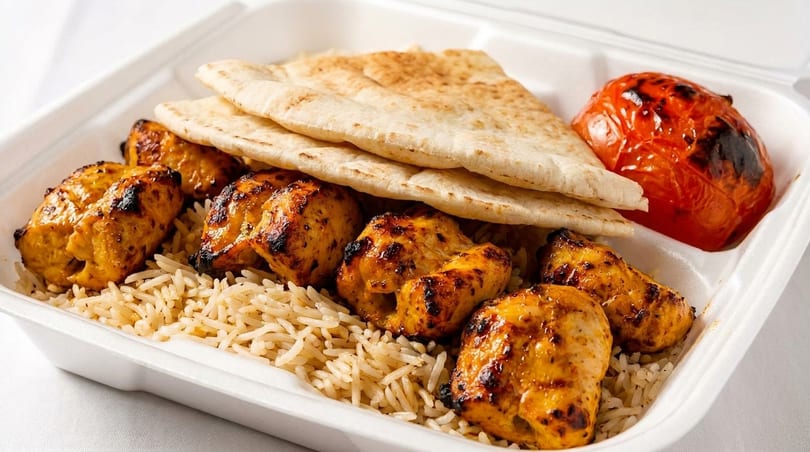 Grilled chicken pieces, rice, flatbread, and a roasted tomato in a white takeout container.