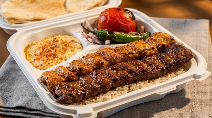 Grilled chicken and beef kebabs with rice, hummus, pita, roasted tomato, and pepper in a takeout container.